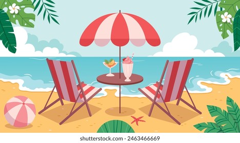 
Cartoon tropical landscape with sunbeds overlooking the ocean.Cocktails on the beach.