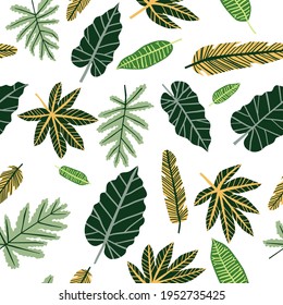 Cartoon tropical leafy vector seamless pattern. Green rainforest leaves background. Botanical jungle foliage wallpaper. Exotic hand drawn textile design isolated on white. Summer print template