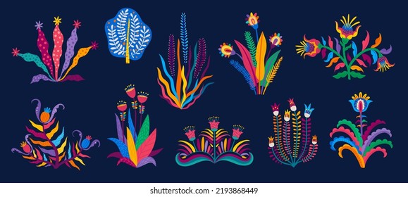 Cartoon tropical mexican and brazilian flower plants, vector summer exotic palms. Tropical jungle flower and leaf plants with Mexico and Brazil floral pattern ornament art, banana or monstera plants