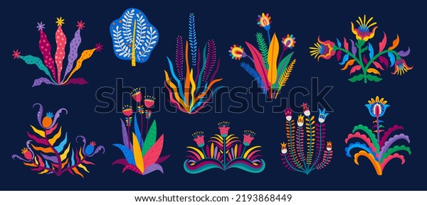 Cartoon tropical mexican and brazilian flower\
plants, vector summer exotic palms. Tropical jungle flower and leaf\
plants with Mexico and Brazil floral pattern ornament art, banana\
or monstera plants