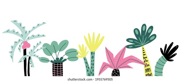 Cartoon tropical palm tree horizontal background. Hand drawn summer stylized plant, decorative colorful jungle elements, abstract exotic botanical decor vector isolated scandinavian style illustration