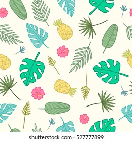 Cartoon tropical pattern. Leaves, palms, pineapples, flowers. Vector hand drawn seamless pattern