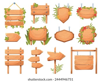 Cartoon tropical plants sign boards. Wooden empty banners, entwined with vines ui games elements, jungle flora frames and panels, hanging and standing blank signboards, vector isolated set