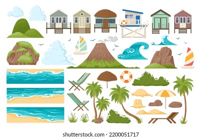 Cartoon tropical sandy beach and sea landscape constructor. Summer beach, palm trees, ocean waves, beach cabin and boats flat vector illustrations set. Nature paradise view elements