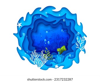 Caricatura de papel marino tropical cortó el paisaje con fondo oceánico, peces estrella y siluetas de peces que nadan alrededor de la barrera de coral. 3.ª pintura vectorial que crea un mundo submarino vibrante y animado