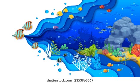 Cartoon tropical sea paper cut underwater landscape. Bright fish and shoal, seaweeds and corals on ocean bottom. 3d vector mesmerizing colorful beauty and diversity of life beneath the ocean surface