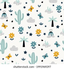 Сolorful cartoon tropical seamless pattern. Cute background with volcanoes and tropical plants. Vector illustration for kids. Design paper, wallpaper, textile, cover, cloth.