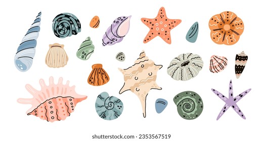 Cartoon tropical seashells. Different shapes underwater elements. Decorative mineral formations. Mollusks shells. Scallop and starfish. Aquatic conch. Exotic clams