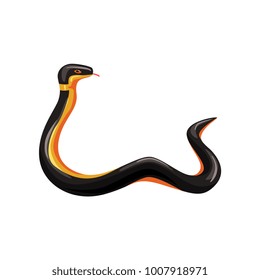 Cartoon tropical snake with tongue out. Harmless serpent with black and yellow scales. Exotic animal. Wildlife concept. Cartoon flat vector design