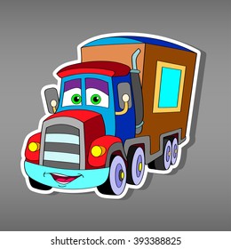 Cartoon truck car sticker for boys. Vector illustration of motor lorry for scrapbook. Big truck Applique Background. Funny smile car in paper cut style. Comic character for textile 