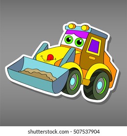 Cartoon truck car sticker for boys. Vector illustration of motor lorry for scrapbook. Big truck Applique Background. Funny smile car in paper cut style. Comic character for textile