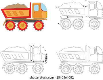 Cartoon truck. Coloring book and dot to dot educational game for kids