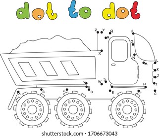 Cartoon truck. Coloring book and dot to dot educational game for kids