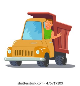 Cartoon Truck Driver Character Waving From Truck. Vector illustration