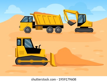Cartoon truck, excavator and bulldozer on construction site. Yellow construction machinery digging soil or ground, construction site flat vector illustration. Construction, industry, earthwork concept
