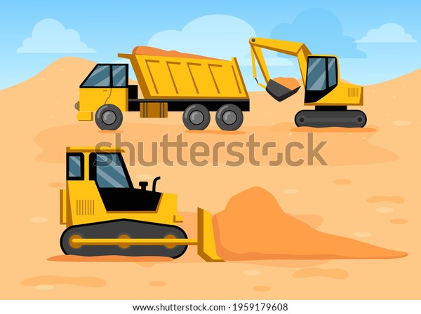 Cartoon truck, excavator and bulldozer on\
construction site. Yellow construction machinery digging soil or\
ground, construction site flat vector illustration. Construction,\
industry, earthwork\
concept