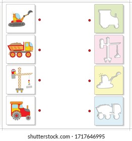 Cartoon truck, excavator, construction crane and tractor. Educational game for kids. Choose silhouettes and connect points