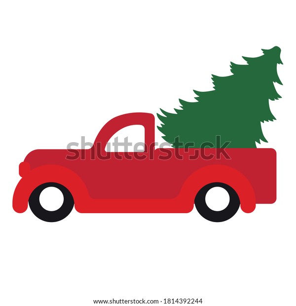 Cartoon truck with holiday\
tree. Funny Hand-drawn funny Merry Christmas art. Vector Art for\
for print,