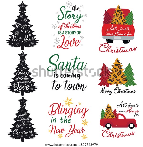 Cartoon truck with\
holiday tree. Funny Hand-drawn funny Merry Christmas art with text.\
Vector Art for print.