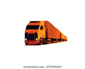 Cartoon truck with a wagon and trailers or road train in orange on a white background. Vector illustration