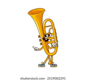 Cartoon trompete groovy instrumento musical personagem. Vetor isolado chifre engraçado, personagem de tubo de latão com cara feliz e vibe funky convida para a escola de música para aulas educacionais ou desempenho