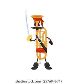 Cartoon trumpet musical instrument pirate and corsair character with a sword, bandana, and boots, exudes playful sea adventure and musical charm. Brass pipe rover personage ready for music performance