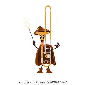 Cartoon trumpet wizard or mage musical instrument character for Halloween holiday, vector personage. Funny trumpet in sorcerer mantle and warlock hat with magic wand for Halloween music character