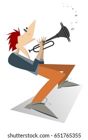 Cartoon trumpeter illustration isolated. Trumpeter is playing music with the great inspiration
