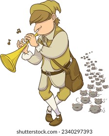 cartoon trumpeter play his trumpet and following by rats