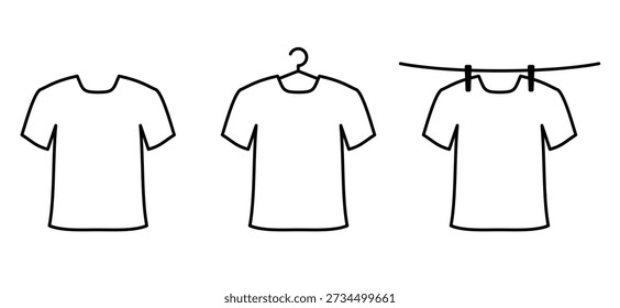 Cartoon t-shirt cloth icon. Drying line and dry tshirt. Shirt hanging on string, hygiene and cleaning concept. Drying tshirt on wire in the sun. Wash the clothes in the summer outside.
