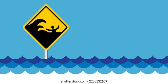 Dibujando una caricatura de alerta de tsunami, onda de choque. Un tsunami es una ola extremadamente alta desde el mar que inesperadamente inunda la costa, causada por un terremoto. signo de información.