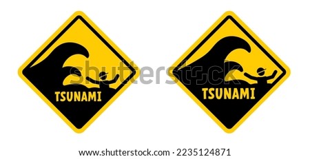Cartoon tsunami warning, shock wave. A tsunamis is an extremely high wave from the sea that unexpectedly floods the coast, usually caused by a seaquake. information sign. To sink, drown or drowning