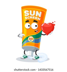 cartoon tube of sunscreen cream character mascot keeps the heart on white background