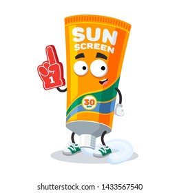 cartoon tube of sunscreen cream character mascot with the number 1 one sports fan hand glove on a white background