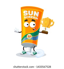 cartoon tube of sunscreen cream mascot holds the number one cup on white background