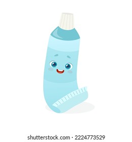 Tubo de dibujos animados de pasta dental con cara sonriente linda. Mascota dental para niños. 