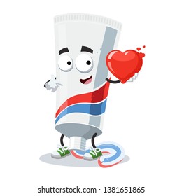 cartoon tube of toothpaste with squeezed striped dentifrice character mascot keeps the heart on white background