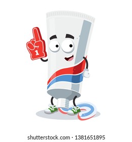 cartoon tube of toothpaste with squeezed striped dentifrice character mascot with the number 1 one sports fan hand glove on a white background