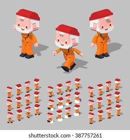 Cartoon tugboat sailor minifigure. 3D lowpoly isometric vector illustration. The set of objects isolated against the grey background and shown from different sides