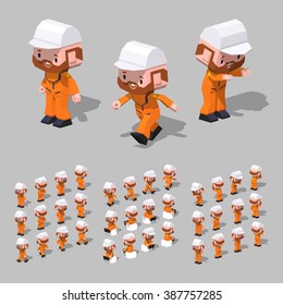 Cartoon tugboat sailor minifigure. 3D lowpoly isometric vector illustration. The set of objects isolated against the grey background and shown from different sides