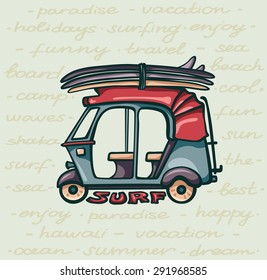 Cartoon tuk tuk with surfboards on yellow background. Card about surfing holiday.