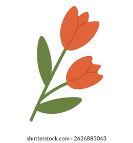 Cartoon tulip flowers with green leaves, flat decorative element for soft and feminine designs.