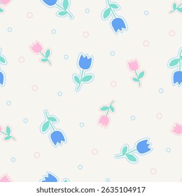 Cartoon tulip vector pattern, seamless repeating background. Pastel hand-drawn flower pattern with icons, floral design for cards, fabric, wrapping, textiles, wallpaper, and stationery.