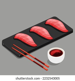 Cartoon tuna slices lying on the stone tray with wooden chopsticksand soy sauce. Asian Japanese food. Isolated vector illustration