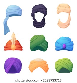 Turbantes de dibujos animados. Turbante árabe e indio, tocado oriental tradicional. Sombreros aislados cultura musulmana, accesorios de tela, hoy en día conjunto de Vector