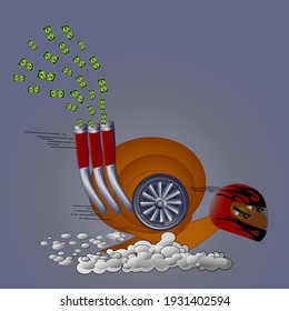A cartoon turbo snail in a dynamic pose with a turbine and pipes on its side rushes towards the target. The concept of speed and success.
