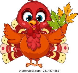 Cartoon Turkey with Autumn Leaves