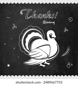 Cartoon Turkey Bird Drawn on Chalkboard Background for Happy Thanksgiving Day Celebration.