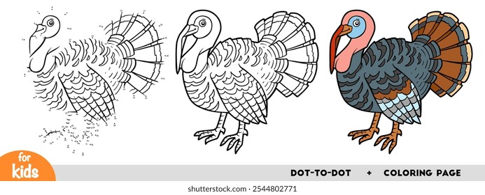 Cartoon turkey bird, education dot to dot game for children. Winter activity worksheet