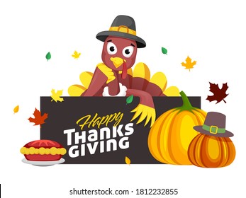 Cartoon Turkey Bird Holding Message Paper of Happy Thanksgiving with Pumpkins, Pie Cake and Leaves on White Background.
